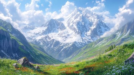 Obraz premium f Mount Elbrus, where snow-capped peaks tower over the serene landscape of the Caucasus Mountains.