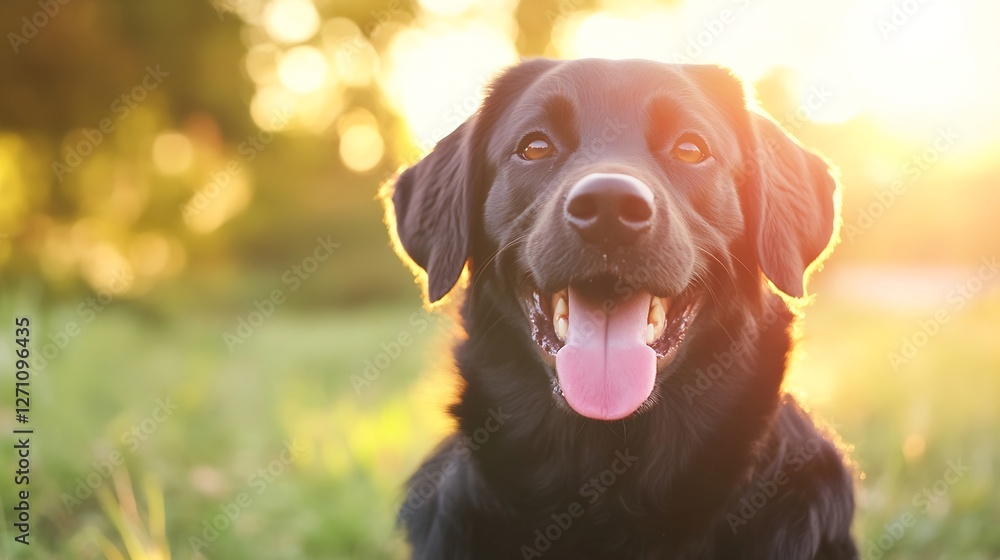 Poster Happy black dog smiling in sunlight with a soft grassy background creating a joyful atmosphere : Generative AI