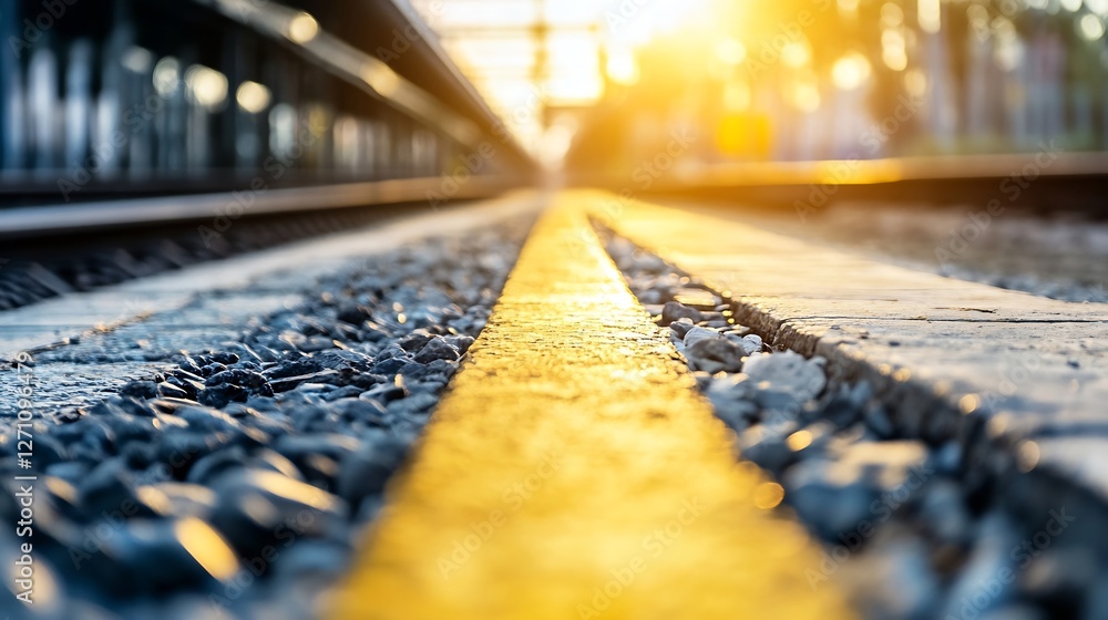 Poster close up view of railway track with gravel stones and glowing sunset in the background : generative 