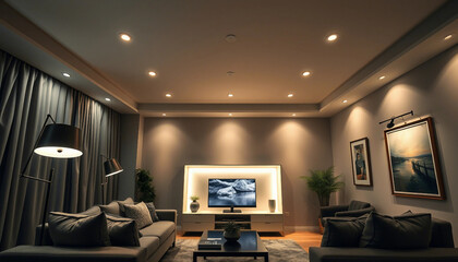 Elegant living space featuring sleek design elements, stylish furniture, warm lighting, and modern aesthetics, creating a welcoming and comfortable environment for relaxation and socializing.

