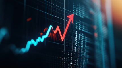 chart with red upward arrow indicating growth and positive trends in data analysis. vibrant colors and dynamic lines evoke sense of progress and success