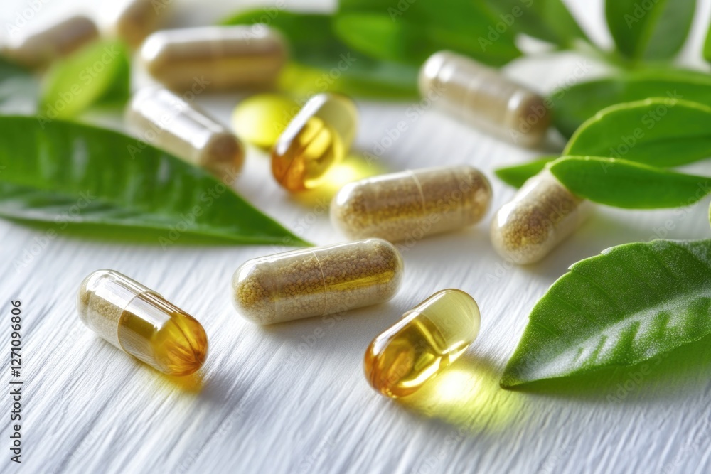 Poster close-up view of multiple pills arranged on a surface, possibly for medication or personal use
