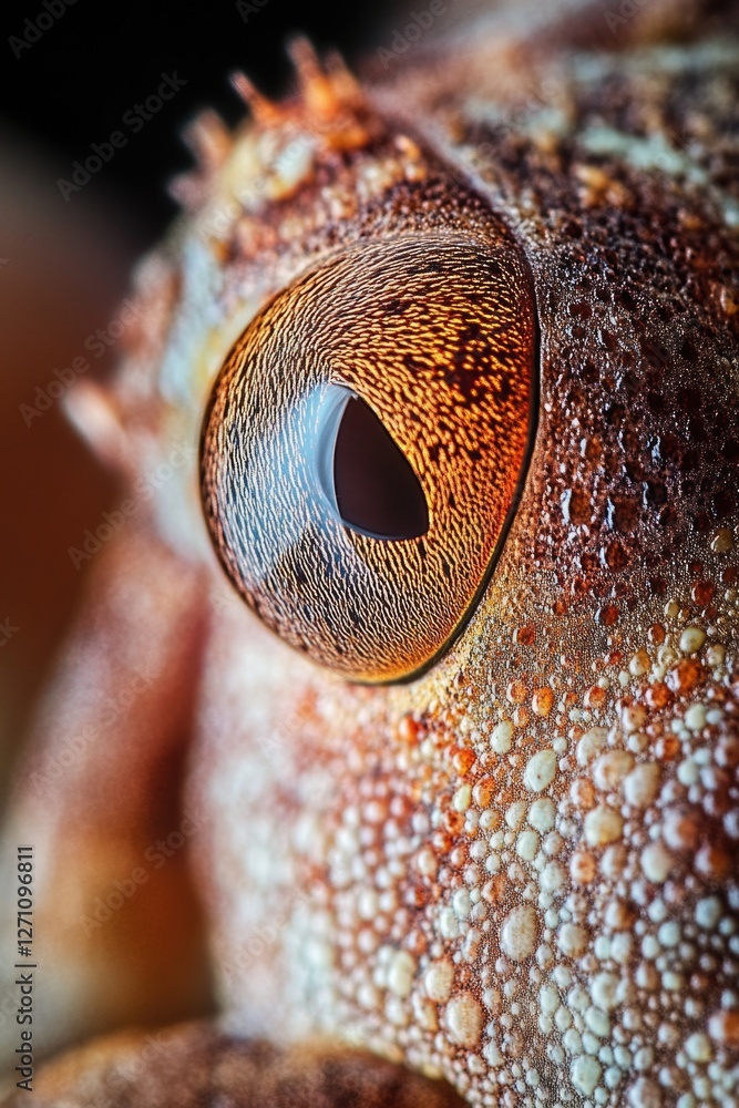 Poster a detailed view of a frog's eye, showing its unique features and texture