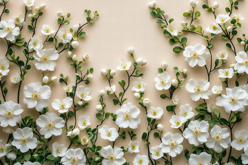 Eleganckie białe kwiaty i zielone liście na beżowym teksturowanym tle