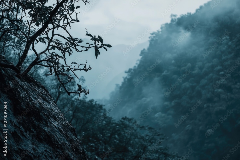 Poster a solitary bird sitting on a tree branch on the edge of a cliff