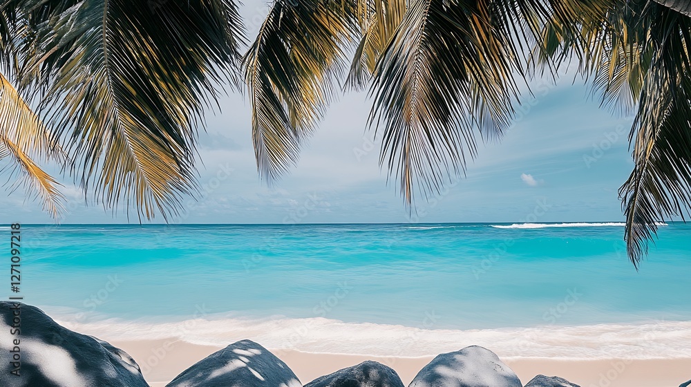 Poster serene beach framed by lush palm leaves with smooth rocks and turquoise waters in the background : g