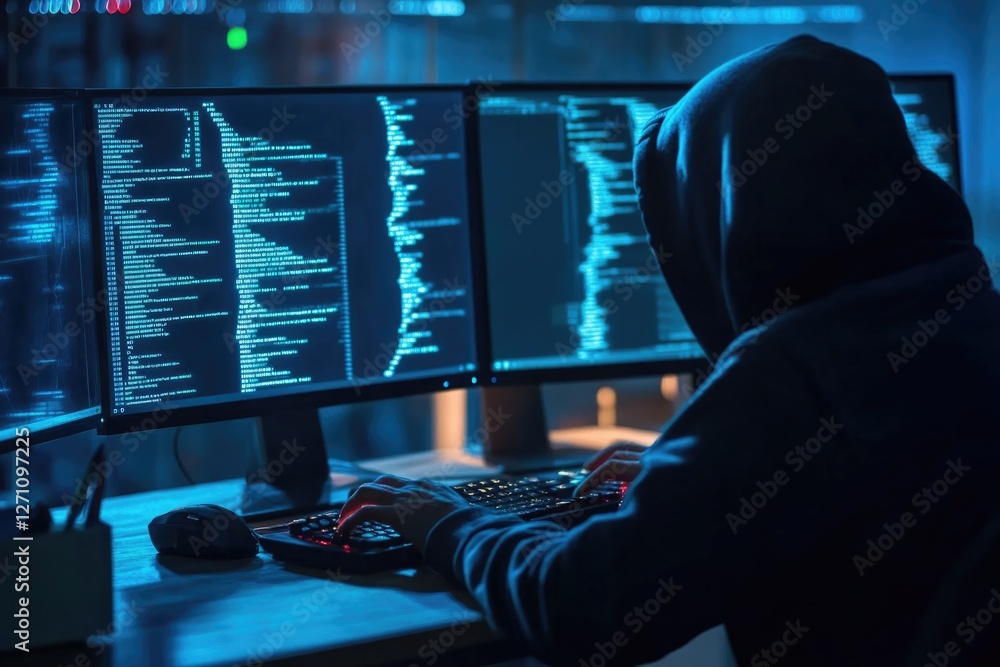 Poster a person sits in front of two computer monitors, focused on their work