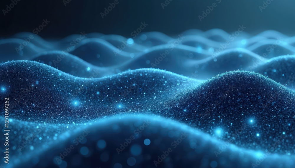 Poster tech flow landscape with blue digital field, shiny lights, abstract waves. technological connections