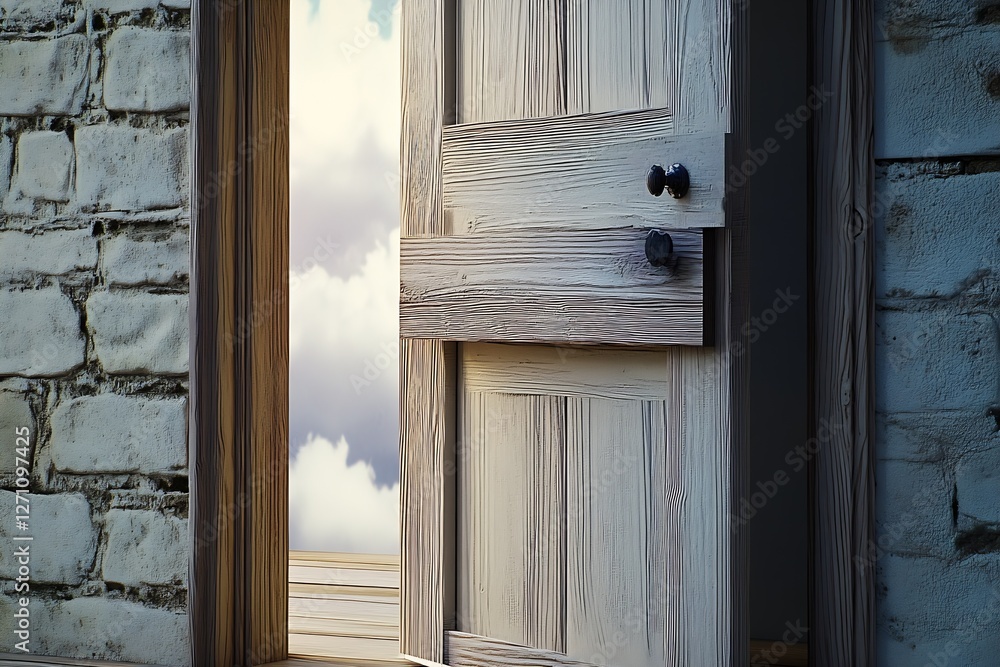 Poster a charming wooden door partially opened inviting curiosity with a view of a soft cloudy sky and ligh
