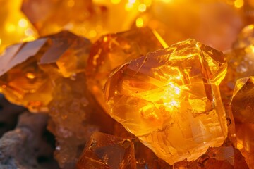 Shimmering amber crystals in warm light. AI image