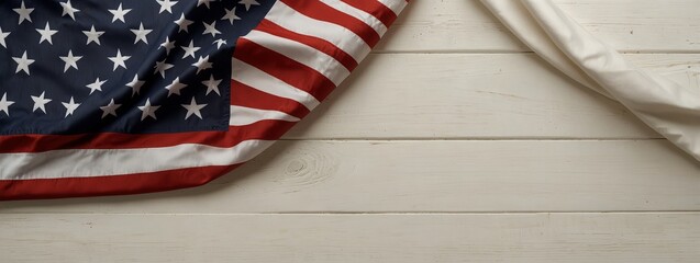Obraz premium A beautifully arranged American flag on a white wooden background, with clear space for text, ideal for Memorial or Veterans Day, 4 July, independence day
