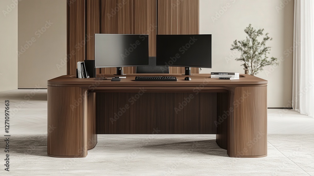 Poster high-end office desk with dual monitors and minimalist accessories for an efficient workflow.