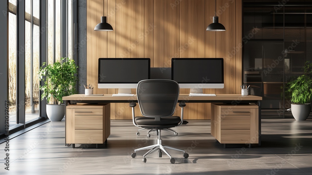 Poster high-end office desk with dual monitors and minimalist accessories for an efficient workflow.
