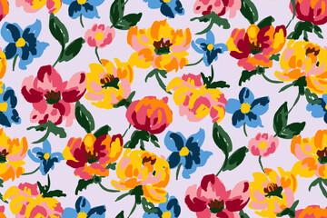 Fototapeta premium Rich abstract floral seamless background hand painted with paint strokes.