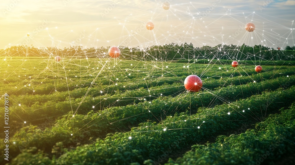 Poster innovative agriculture with digital networking over a lush green field landscape : generative ai