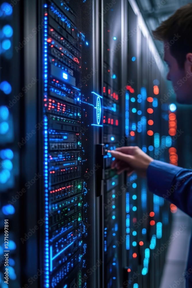 Poster a person stands in front of a row of computer servers, ideal for use in tech-related contexts