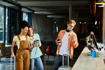 Colleagues enjoying a lively moment at a hotel lobby during a business trip