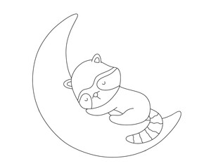 Baby raccoon sleep on moon, vector line illustration for coloring book, woodland animal, outline drawing