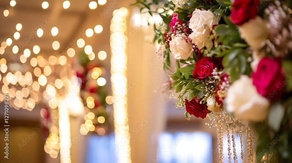 Poster elegant floral arrangement featuring roses and ambient lights creating a romantic and festive settin