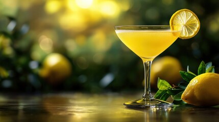 Refreshing Lemon Cocktail in Elegant Glass with Citrus Garnish