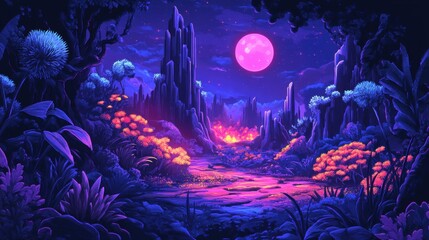 Obraz premium Alien Landscape Underneath a Pink Moon