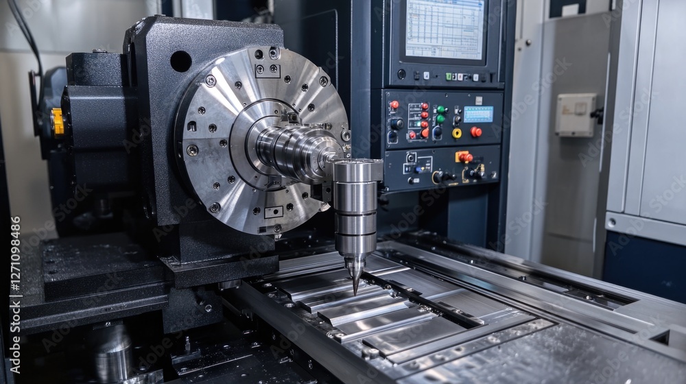 Poster a machine working on a piece of metal, possibly manufacturing or processing