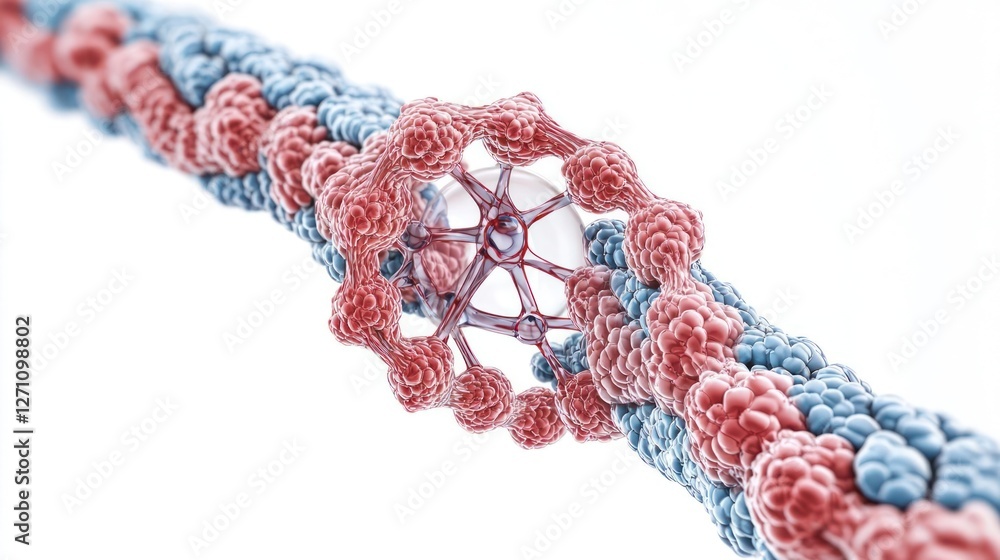 Poster abstract 3d rendering of a complex molecular structure with red and blue protein strands