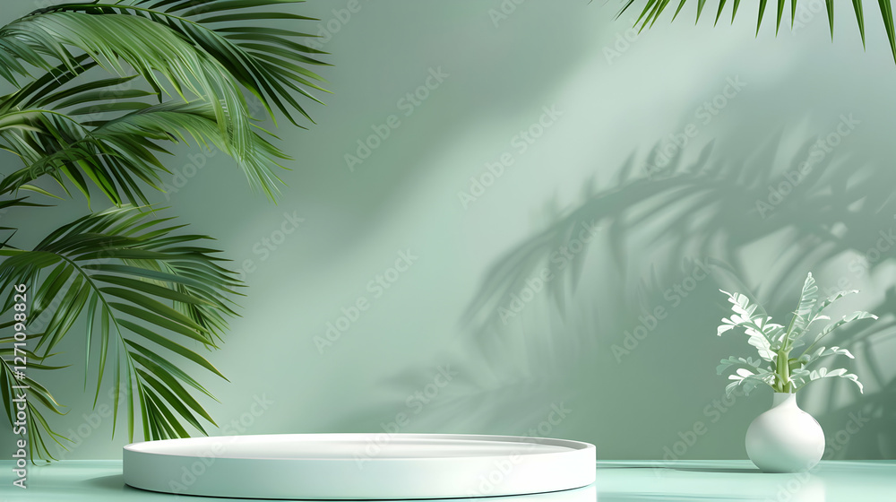 Poster minimalist interior scene featuring a round display platform with greenery and soft shadows