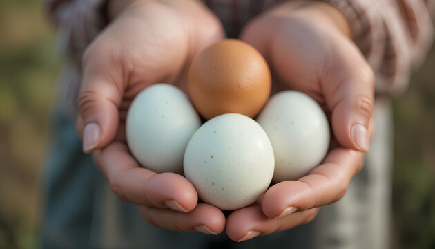 Farmer Holding Freshly Collected Brown and White Eggs in His Hands