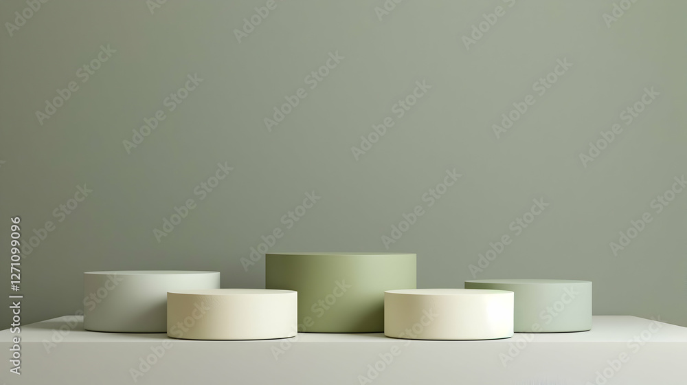 Poster minimalist arrangement of circular containers in soft colors against a muted background