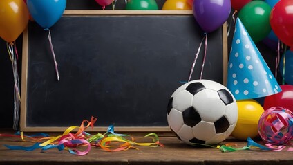 A soccer ball beneath a happy party hat in a simple composition against a blank blackboard
