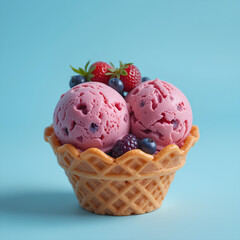 Delicious Berry Ice Cream in Waffle Bowl on Blue Background