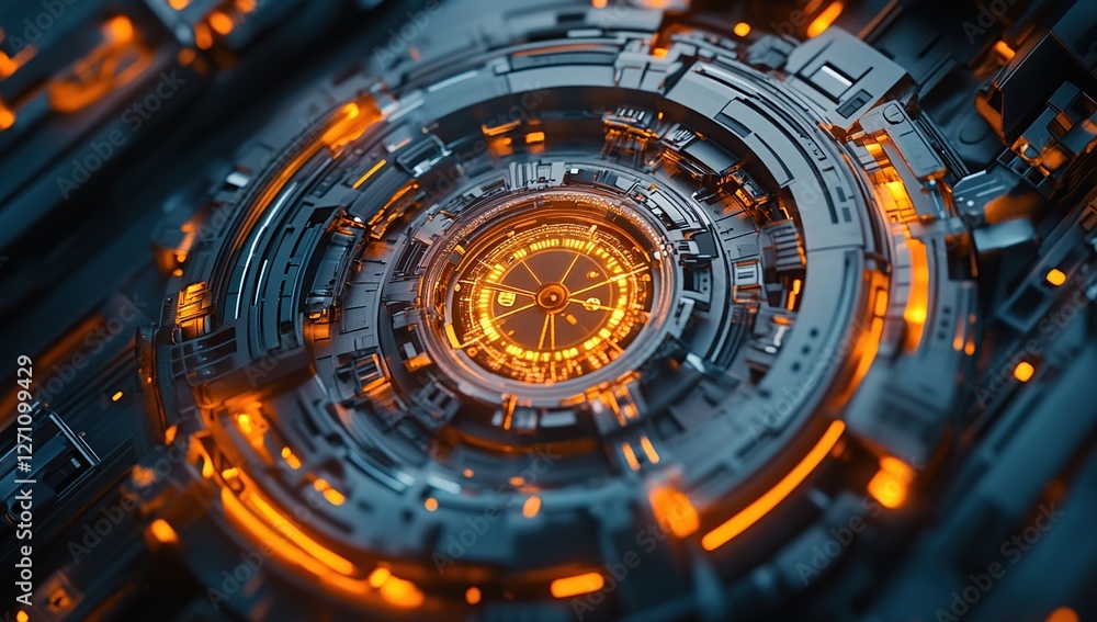 Poster exploring futuristic circular mechanism: advanced technology gears illuminate in orange, rotating in