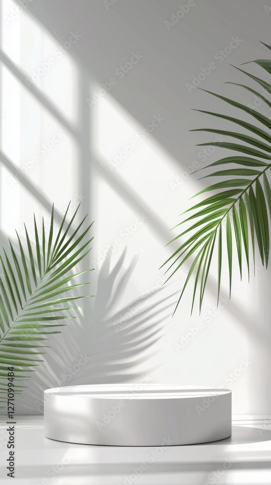 Poster a sleek white podium stands elegantly under soft sunlight filtering through large windows, framed by