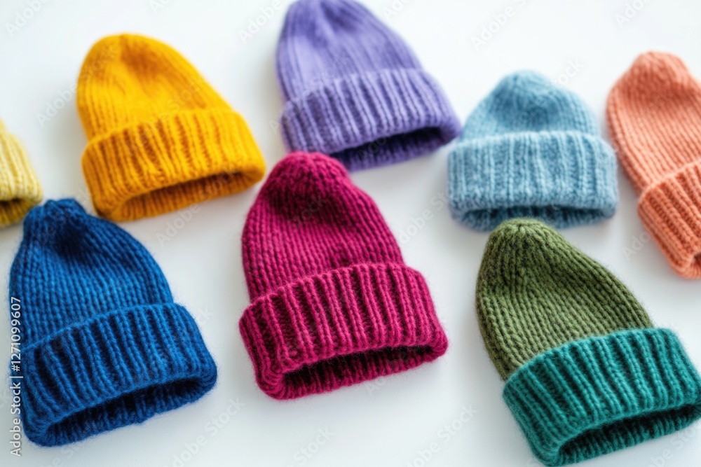 Poster a collection of handmade hats placed neatly on a surface, suitable for use in still life or craft-re