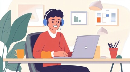 business professional working at a desk with a laptop, smartphone, and headphones in use.