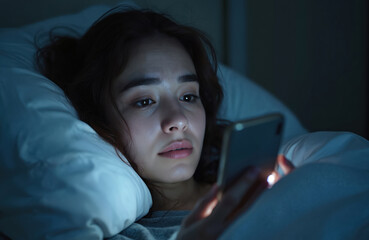 Woman lies in bed at night using smartphone. Sleepless brunette scrolls social media. Mobile phone addiction, insomnia concept. Girl chatting, browsing, reading, texting alone in dark room.