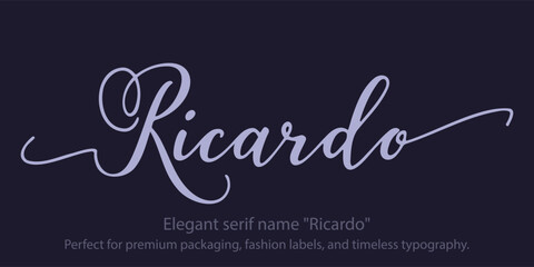 Elegant serif name "Ricardo"a refined typeface designed for luxury branding, high-end logos, and sophisticated editorial design. Perfect for premium packaging, fashion labels, and timeless typography.