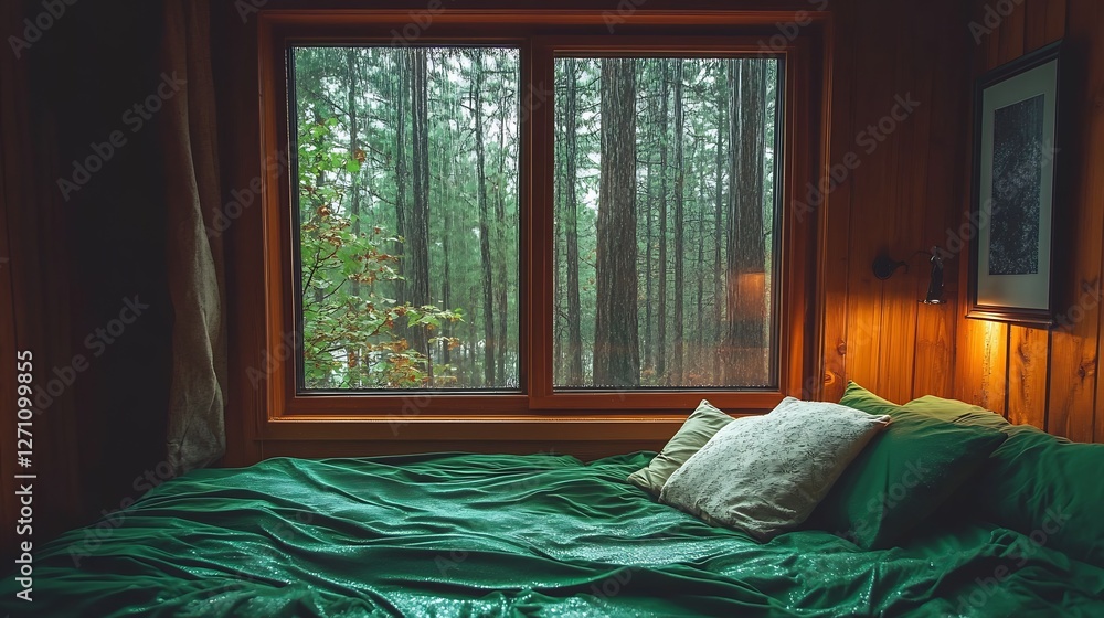 Poster inviting bedroom with plush green bedding framed by a window overlooking a lush forest : generative 