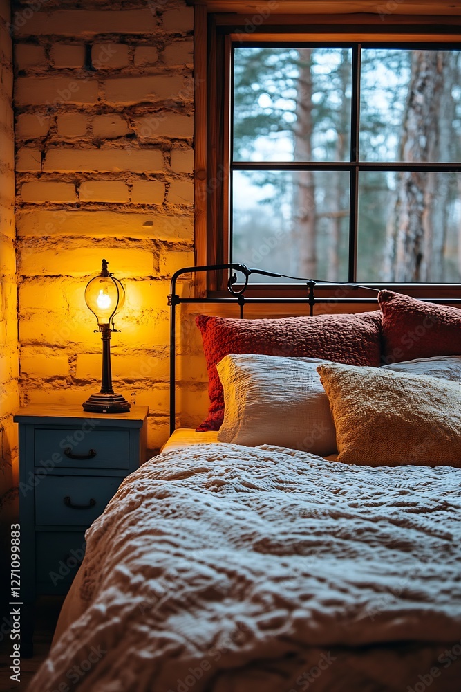 Poster inviting bedroom with soft cushions and a vintage lamp illuminating a cozy space by the window : gen