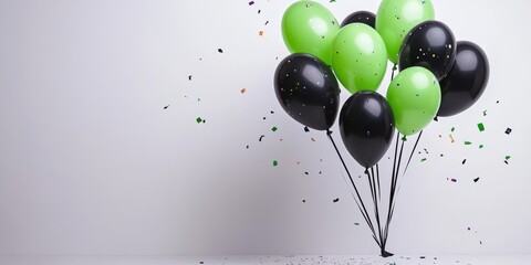 Festive Green and Black Balloons with Confetti on White Background