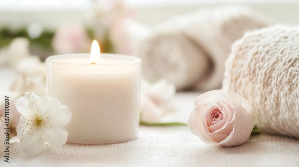 Poster softly lit candle surrounded by delicate roses and towels creating a serene spa atmosphere for relax