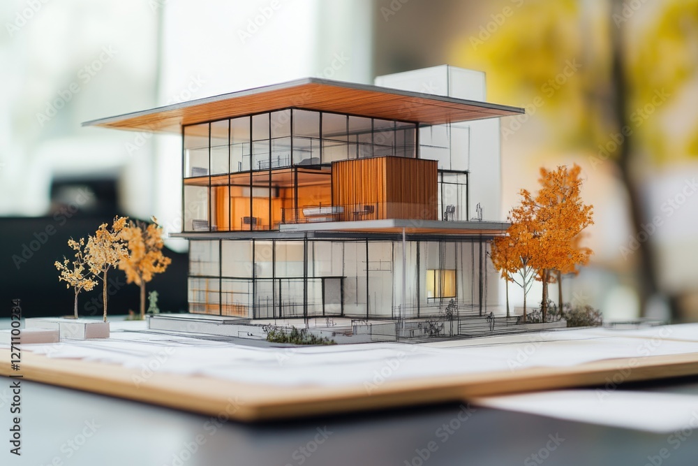 Poster A detailed model of a building placed on a table, perfect for interior design or architecture projects