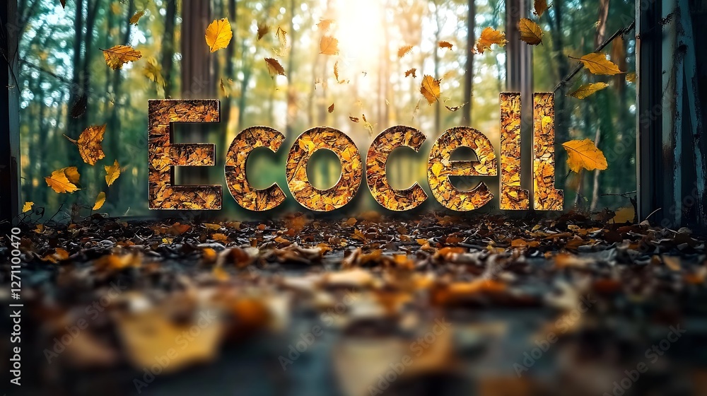 Poster Ecocell logo surrounded by autumn leaves in a serene forest setting creating a peaceful atmosphere : Generative AI
