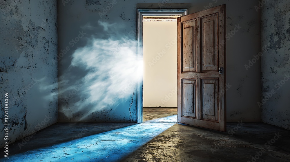 Poster a mysterious open door with light streaming in creating an atmosphere of hope and curiosity : genera