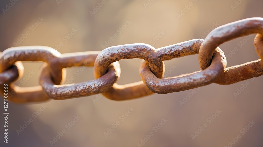 Poster rusty iron chain links illuminated by soft sunlight showcasing the passage of time and wear : genera