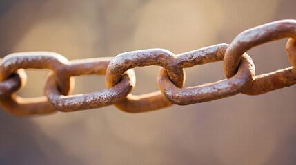Rusty iron chain links illuminated by soft sunlight showcasing the passage of time and wear : Generative AI