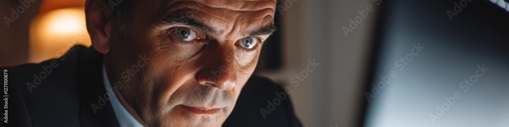 Poster portrait of a man in formal attire with a focus on his face and upper body