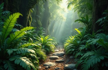 Rich green jungle foliage with sun rays. Tropical forest with ferns, palm trees along rocky path. Nature, outdoor adventure, prehistoric landscape. Jurassic park scenery, fantasy background.