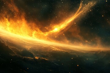 Cosmic Firestorm Universe - A fiery comet streaks across a dark universe, symbolizing creation, energy, destruction, rebirth, and cosmic wonder